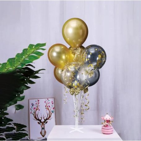 ARANY-ÁTLÁTSZÓ KONFETTIS LUFI SZETT ÁLLVÁNNYAL, 80CM, 7DB LUFI + TARTOZÉKOK 